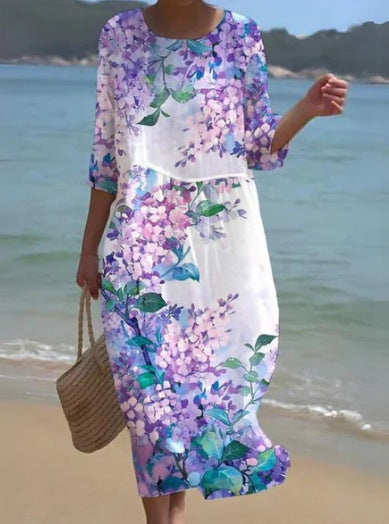 Womens Long Casual Printed Dress With A Crew Neck