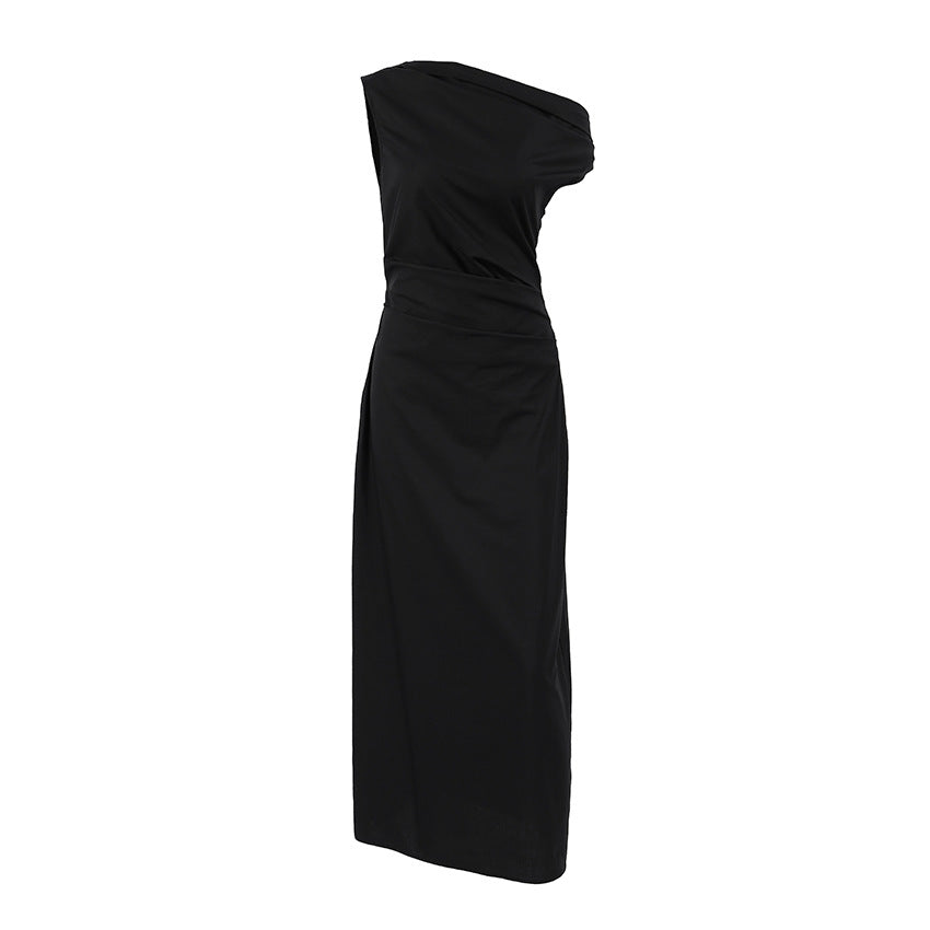 Black Slim-fit Irregular Elegant Shoulder-off Sleeveless Dress For Women