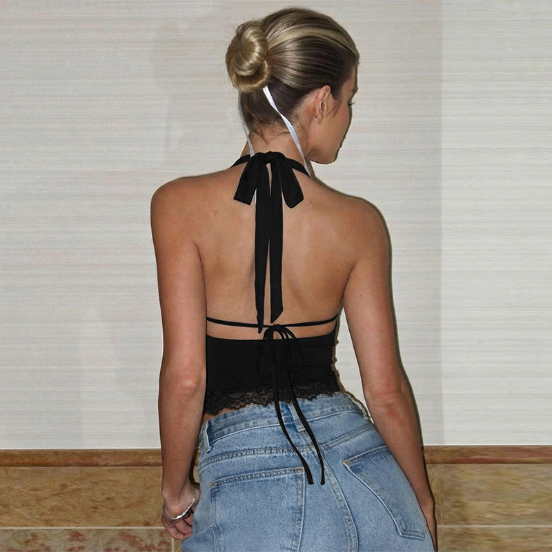 Lace-trimmed Halter Neck Vest For Women