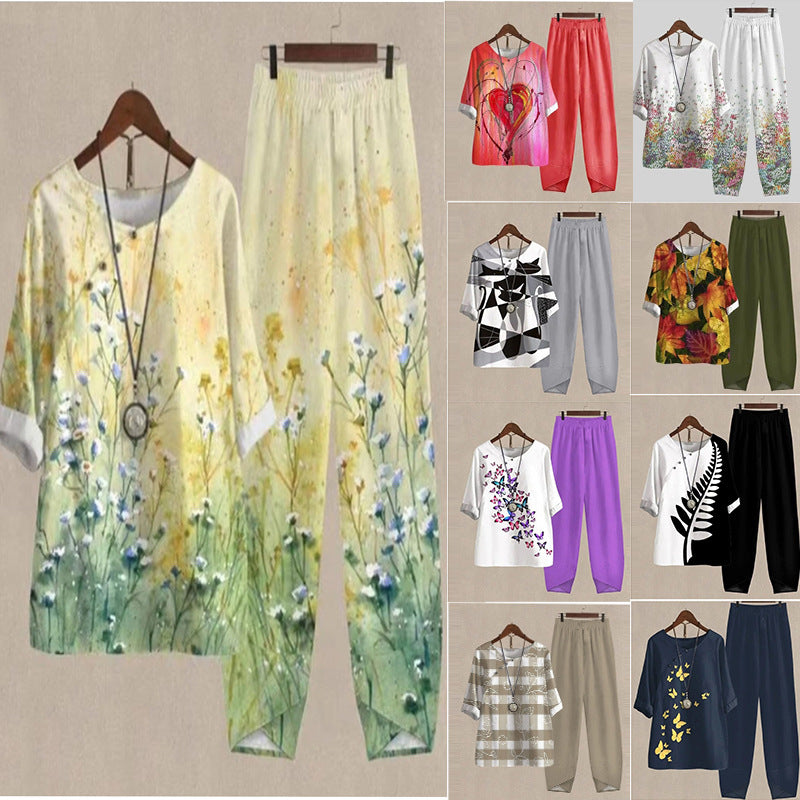 New Women's Five-quarter Sleeve Printed Top Two-piece Pants