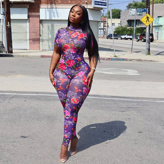 Backless Fashion Printed See-through Mesh Jumpsuit For Women