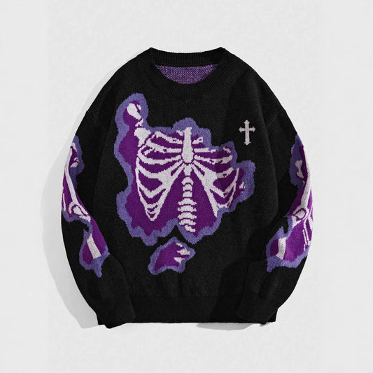 Personality Street Trend Dark Style Skeleton Jacquard Round Neck Pullover Knitted Sweater