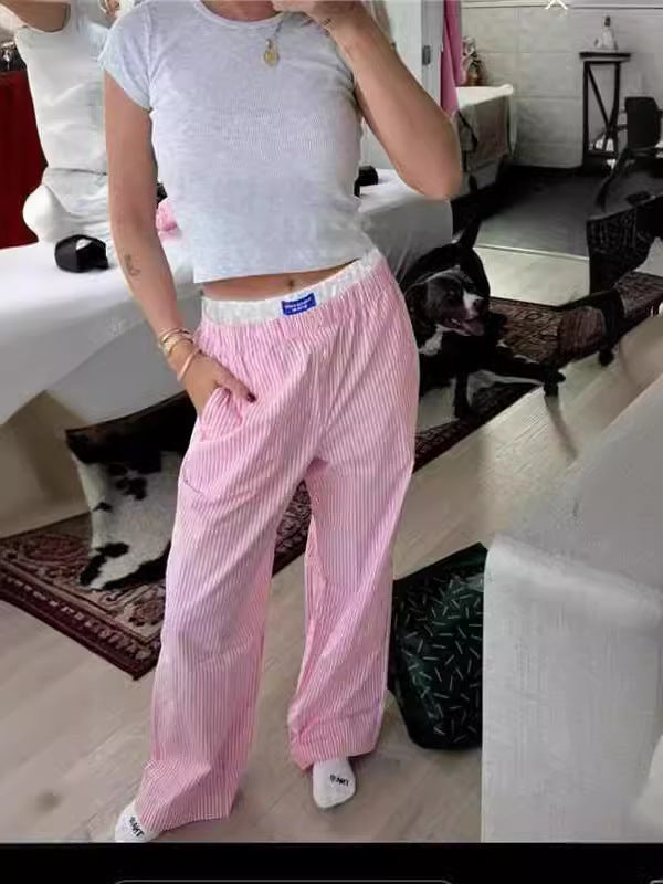 Vertical Stripes Stitching Waist Elastic Wide Leg Pants Fake Two Pieces