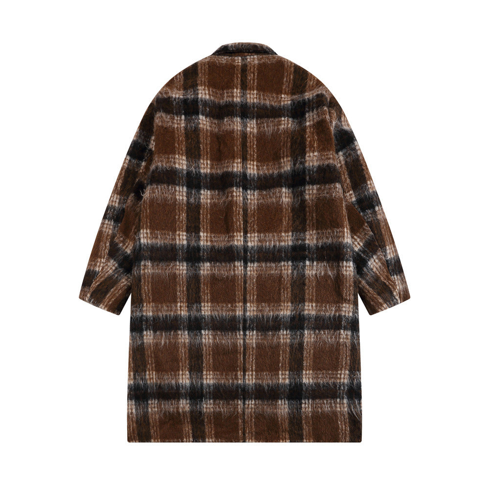 Plaid Woolen Men's Winter Cotton Padded Lapel Loose Mid-length Overknee Coat