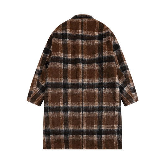 Plaid Woolen Men's Winter Cotton Padded Lapel Loose Mid-length Overknee Coat