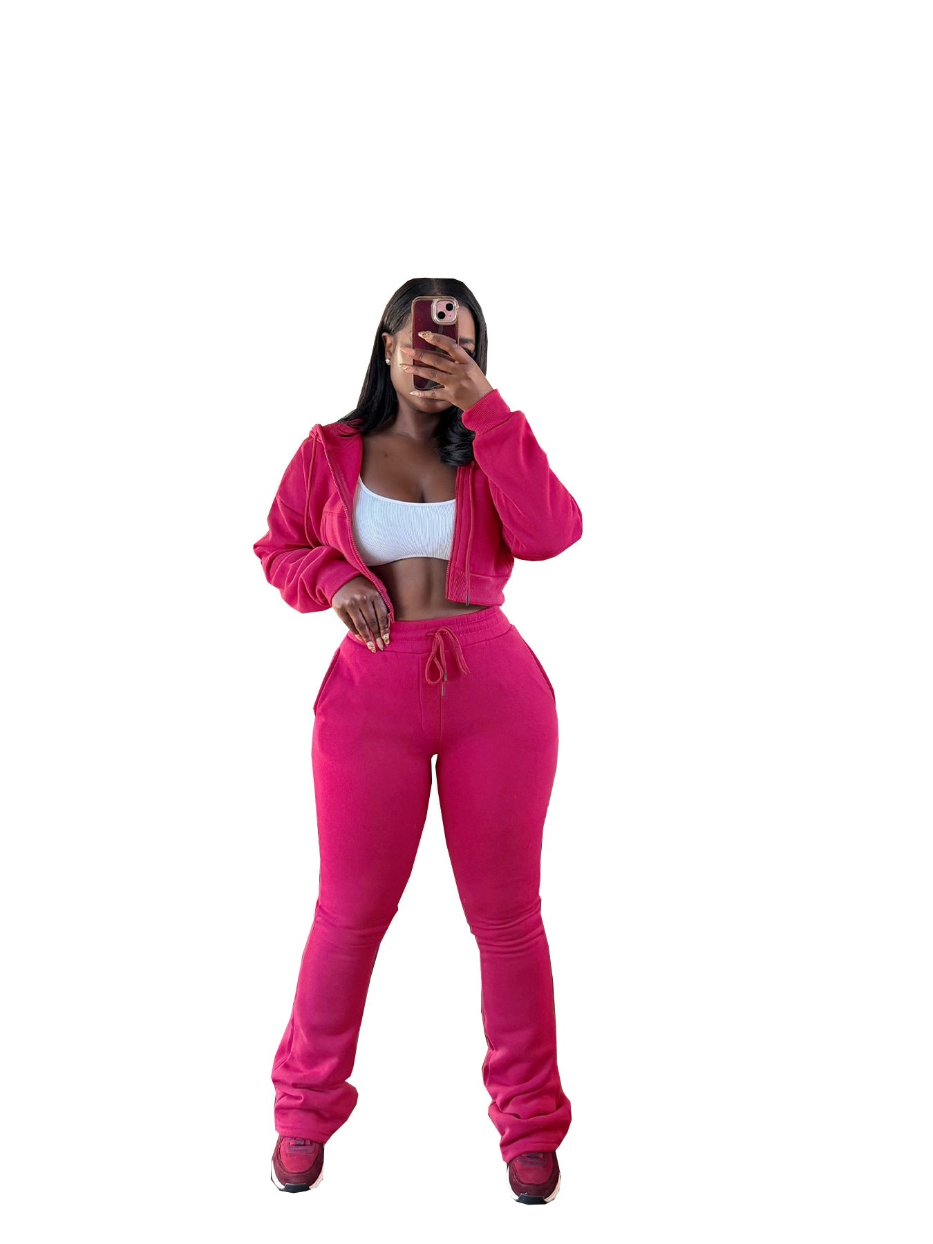 Women's Hooded Zip-Up Waist-Tying Fleece Sweatshirt Sport Set