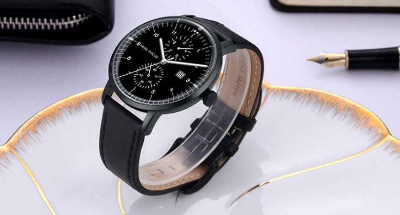 Men's Business Watch   Japanese Movement   Calendar Luminous Waterproof  Fake Two Eyes 0052G