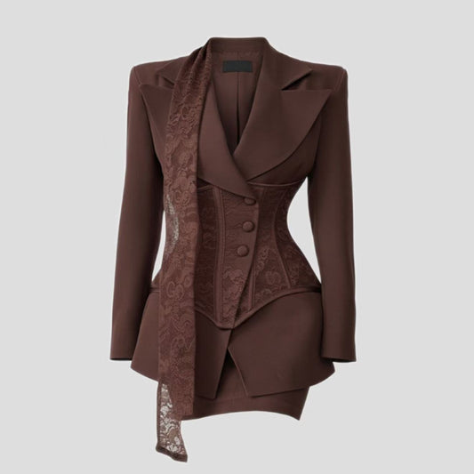 Ladies Elegant Tie Blazer And Skirt Set