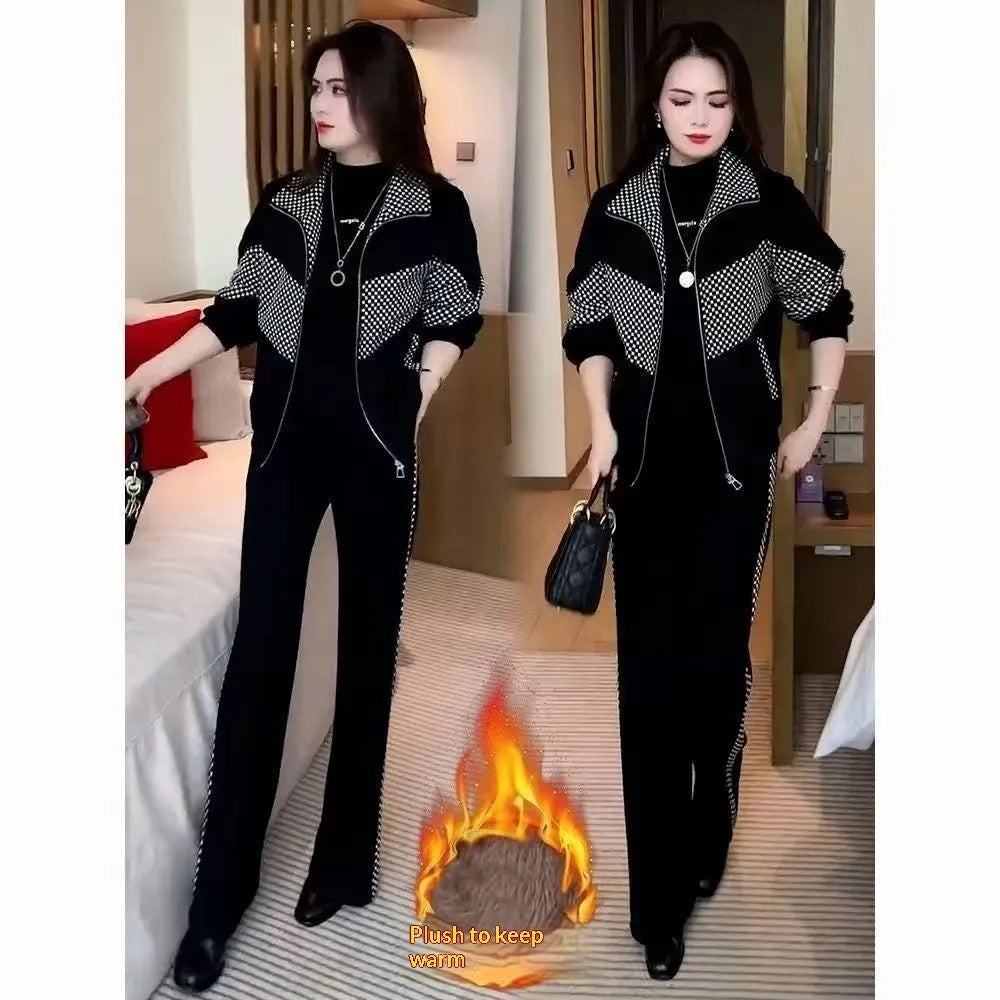 Youthful Patchwork Plaid High-End Western-Style Fleece-Lined Thickened Casual Set