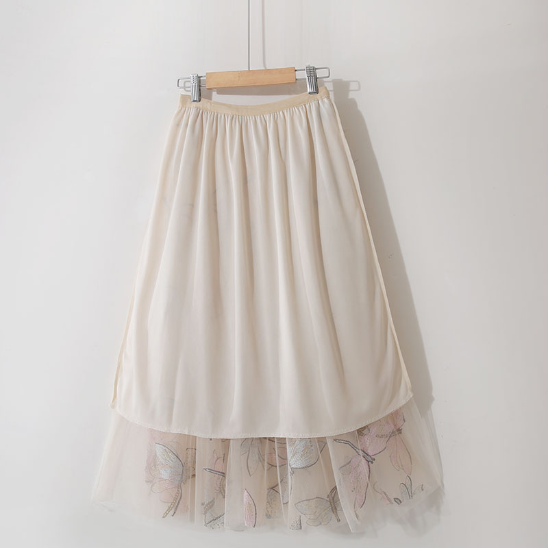 Golden Silk High Waist Sweet Slim Retro Lace Dragonfly Sequin Embroidery Mid Length Skirt