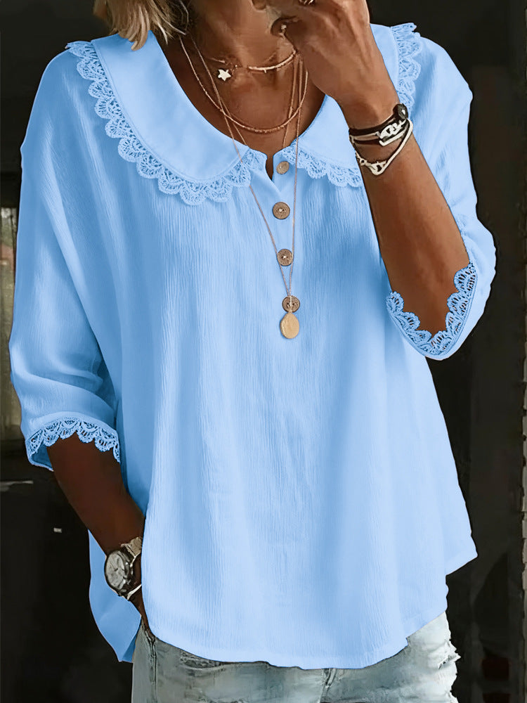 Fashionable Collar With Lace Trim, Solid-Color Button-Up Shirt
