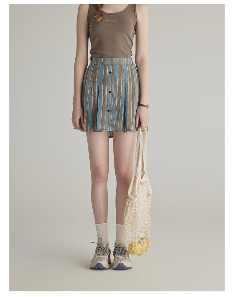 Summer High-grade Sun-proof Set Women's Loose Design Light Striped Shirt Top Temperament Waist-controlled Short Skirt
