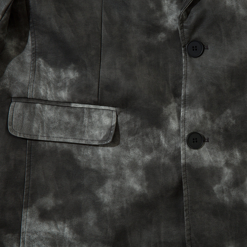 Men's Autumn Tie-dye Contrast Color Suit Collar PU Leather Jacket Coat