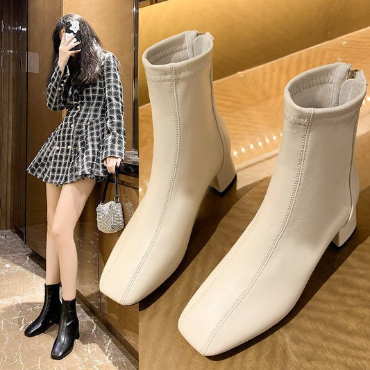 Square Toe Thick Heel Ankle Boots Martin Boots Women's Small High Heel Short Boots