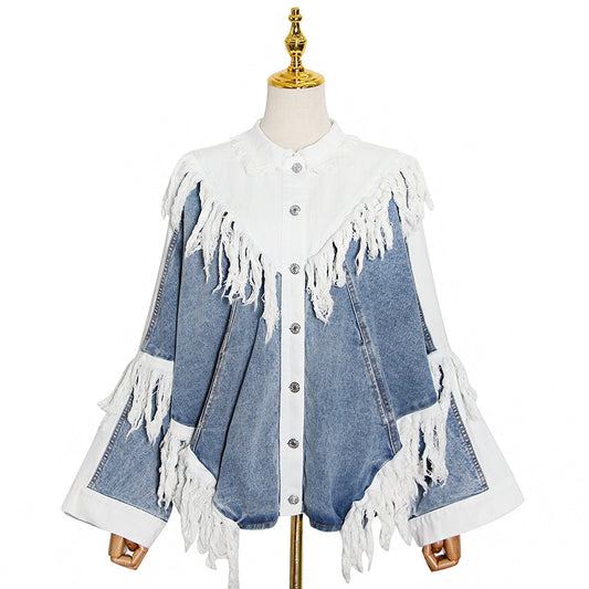 Black And White Stitching Tassel Single-breasted Design Loose Denim Jacket