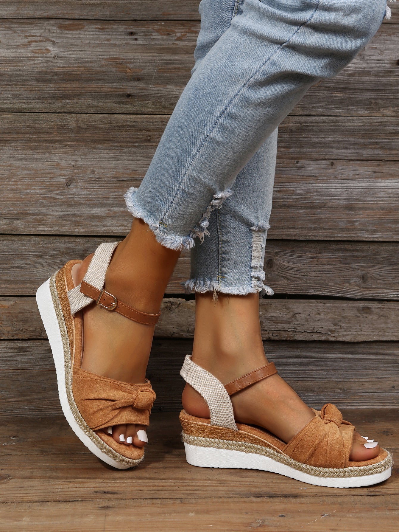 Fish Mouth Bow Hemp Rope Sole Light Platform Sandals