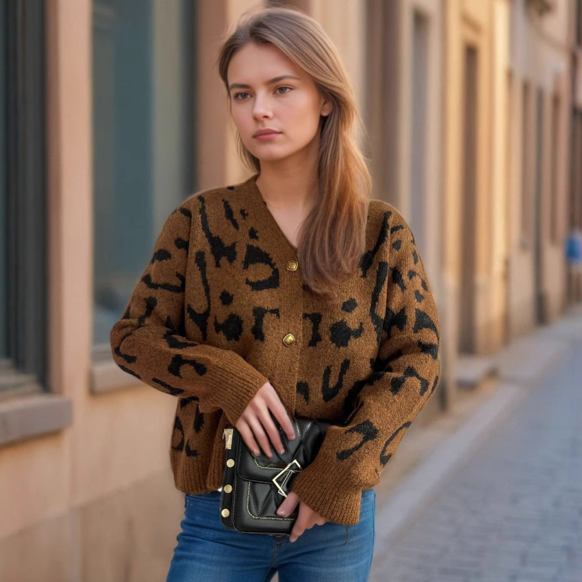 Women's Leopard Print Short Sweater V-neck Casual Knitted Cardigan Top