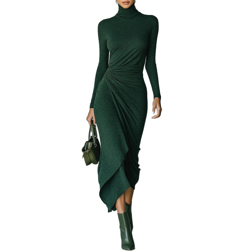 Womens High Neck Defined Waist Asymmetrical Wrap Dress