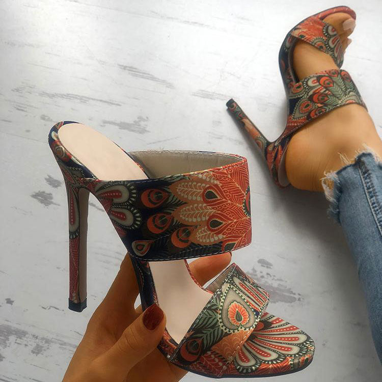Peacock pattern stiletto sandals and slippers