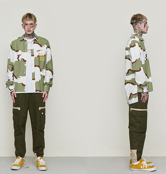 Spring high street camouflage short short long loose tide brand men's lapel check shirt shirt