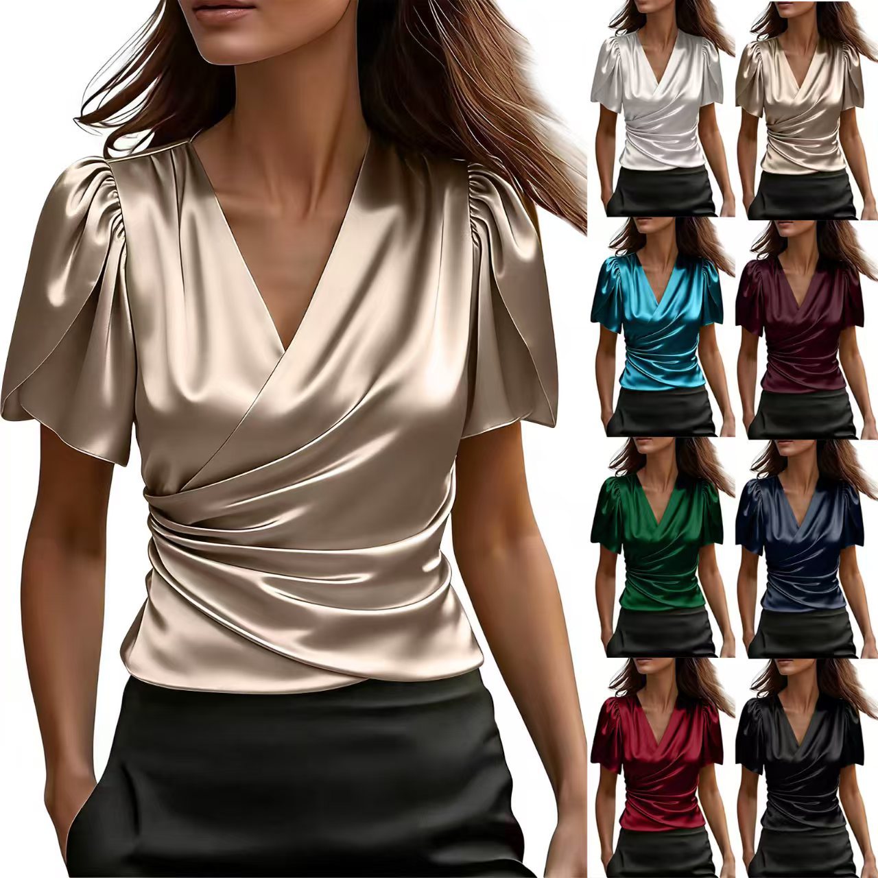Women's Irregular Designer-Style Pleated Short-Sleeve Shirt