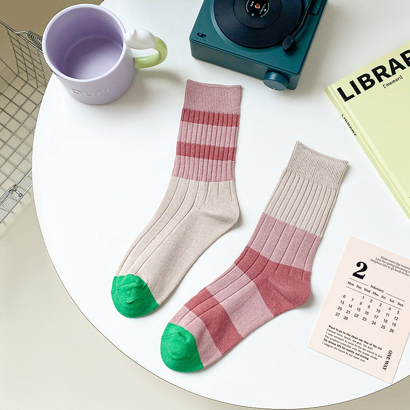 Stripe Contrast Color Tube Socks Color Matching Asymmetric AB Socks