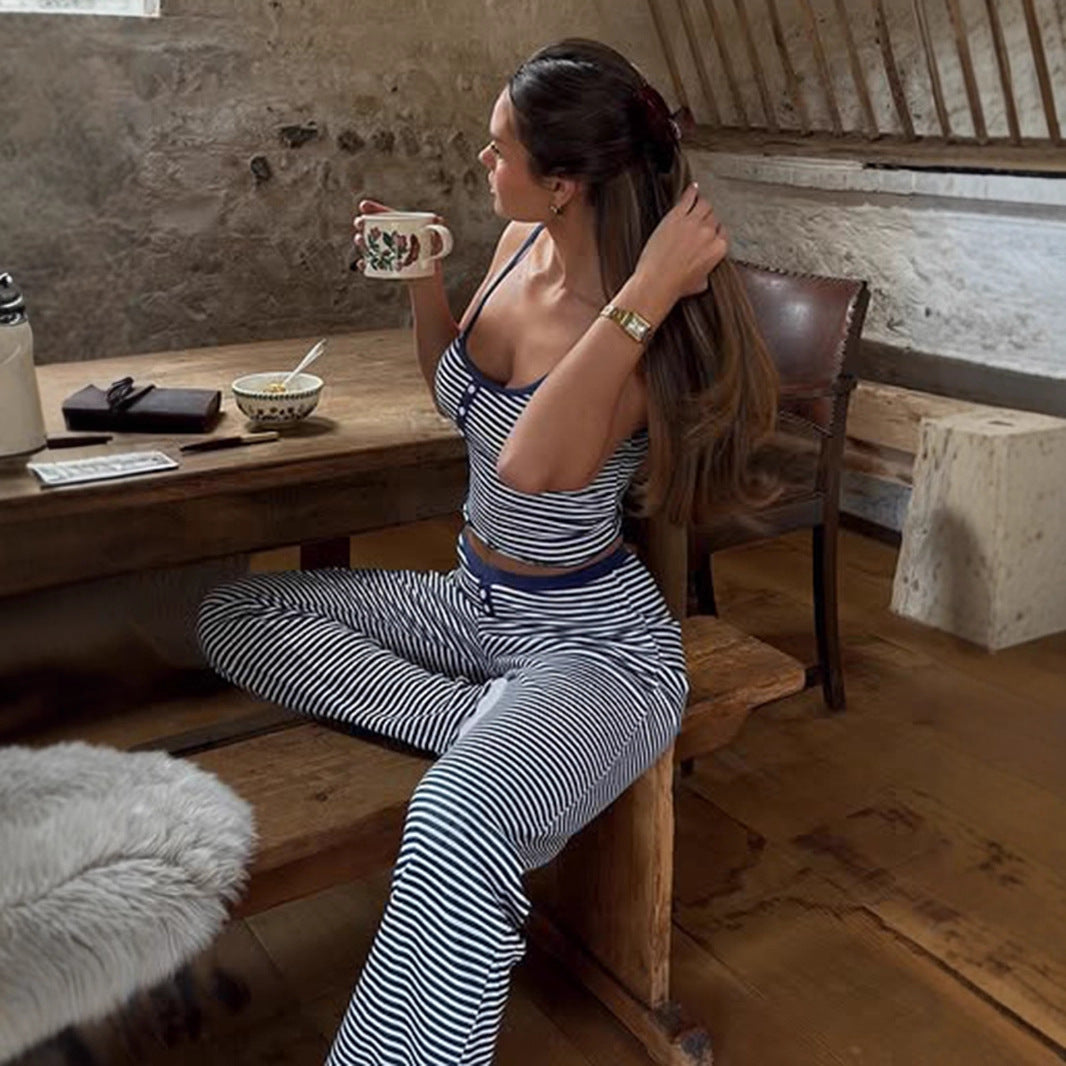 Casual Home Wear Set Striped Contrast-color Design With Buttoned Straps