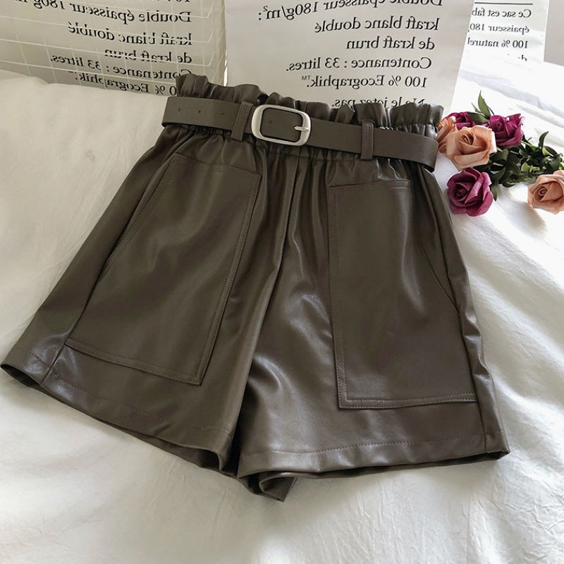 Double Pocket Solid Color A-Line PU Leather Pants With Belt