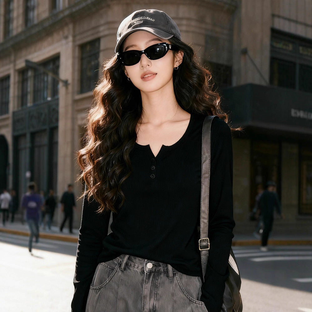 Semi-open Round Neck T-shirt Women's Slim-fit Top