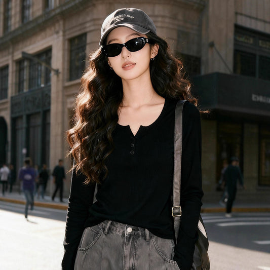 Semi-open Round Neck T-shirt Women's Slim-fit Top