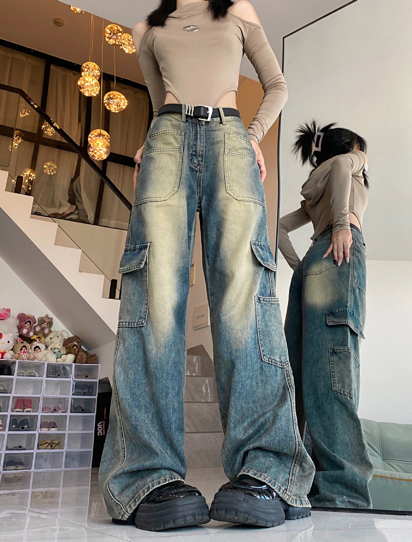 Amerikansk Workwear Lomme Brede Ben Denim Lige Bukser til Kvinder