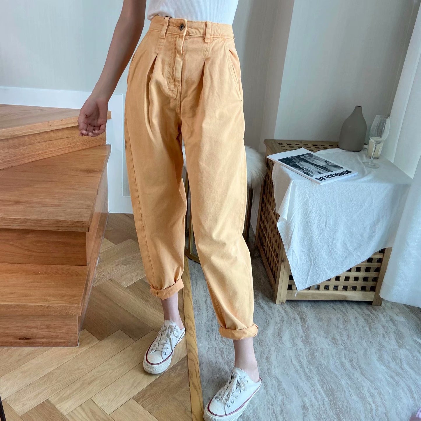 High Waist Washed Pleated Jeans Roll-up Radish Pants