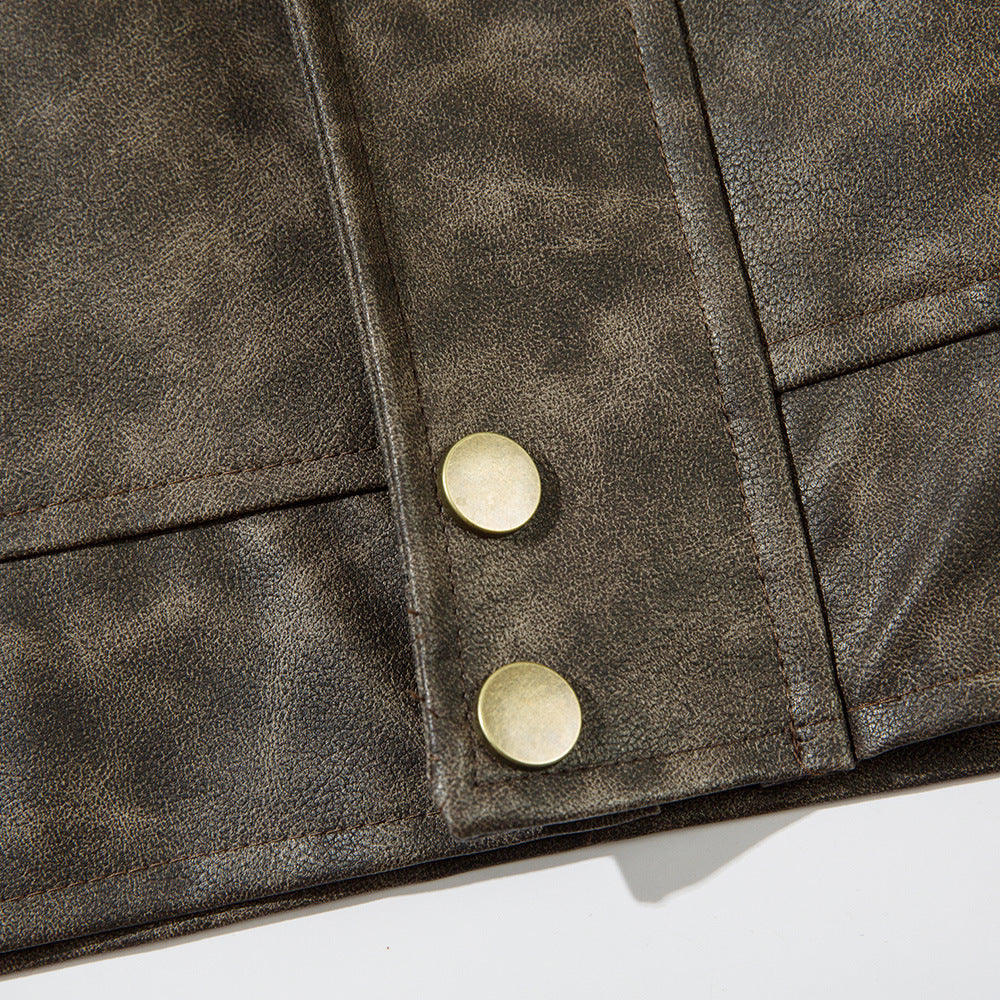 Contrast Color Texture PU Leather Coat Male