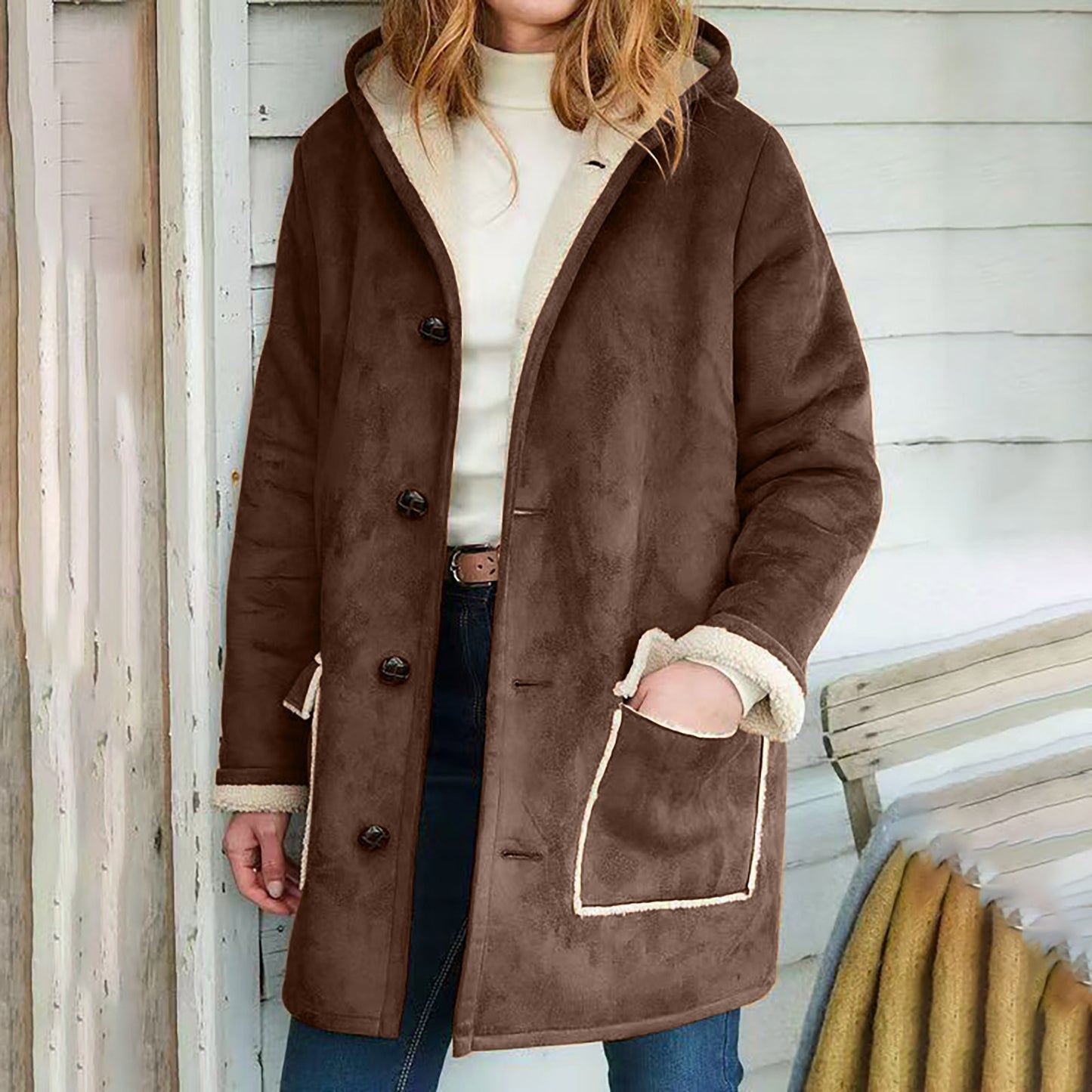 Ensfarvet retro ruskindsfrakke med hætte til efterår og vinter – Løs damebluse med lange ærmer og lommer