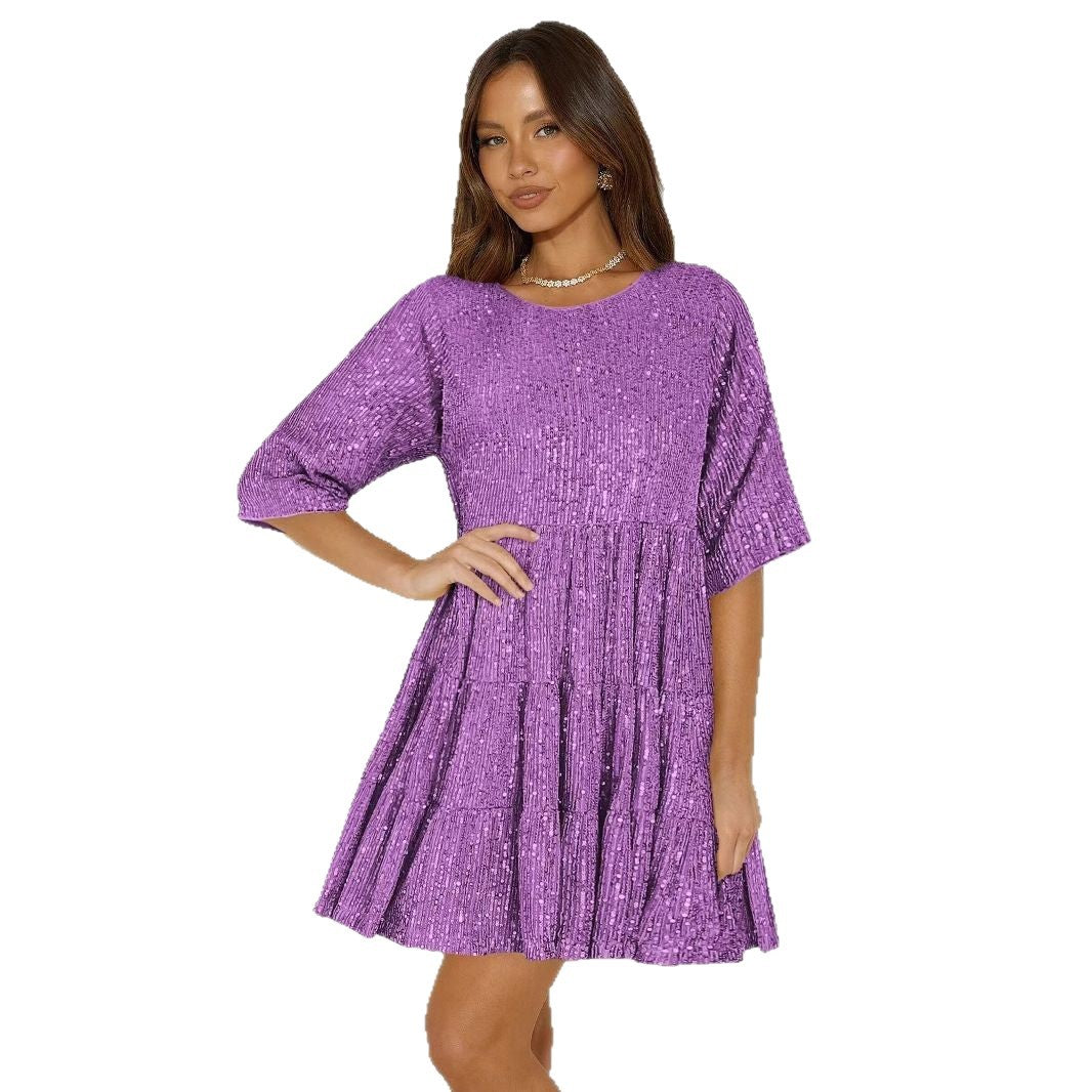 Round-neck Sexy Fashion Sequin A-line Skirt Short Dress