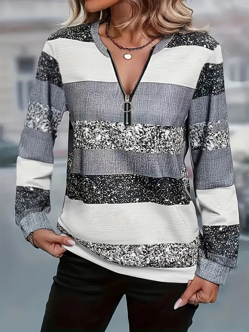 Womens Autumn Winter Printed Plaid Half-Zip Hoodie