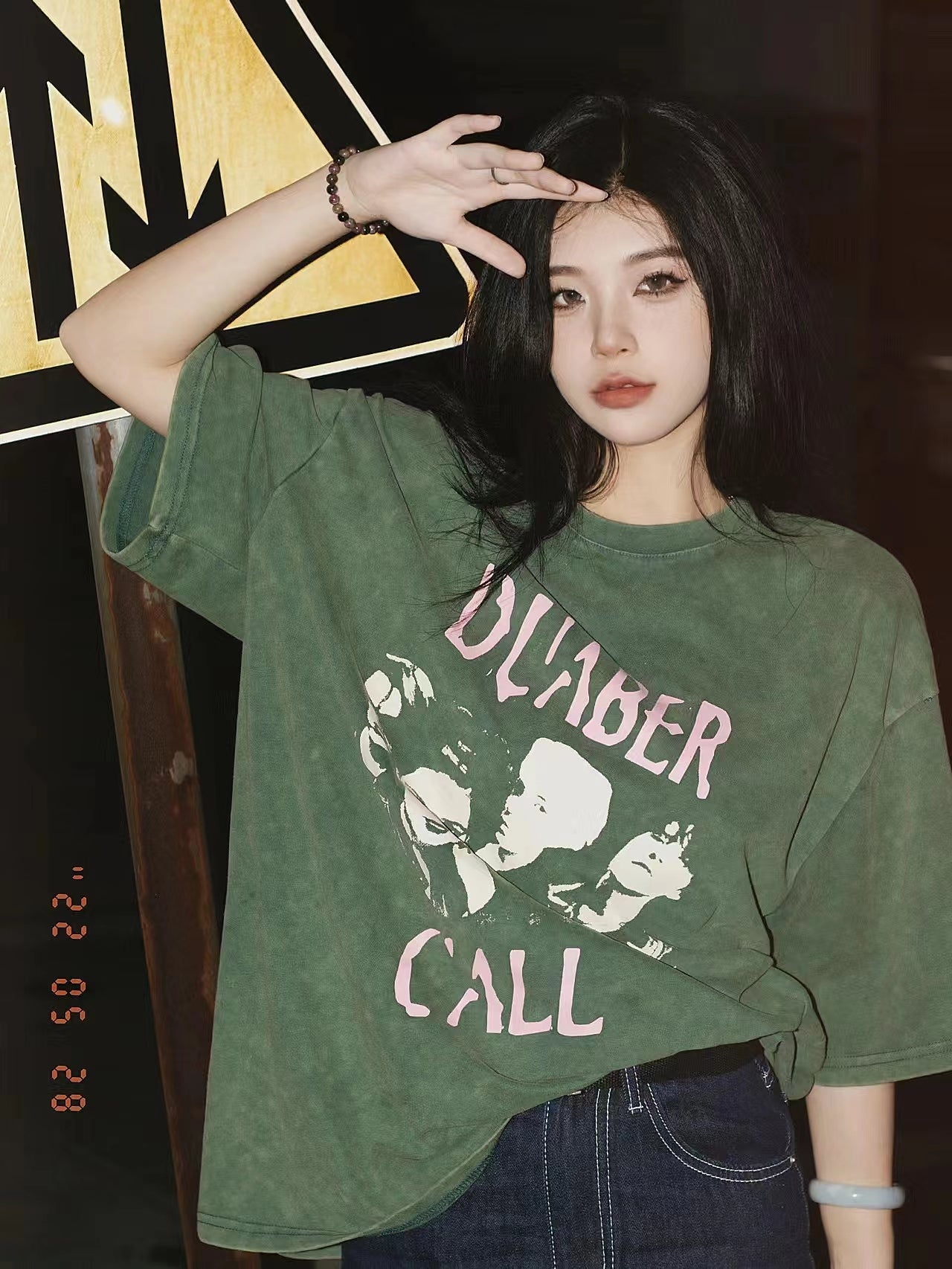 Women's Vintage Washed Old Green Cotton Short Sleeves