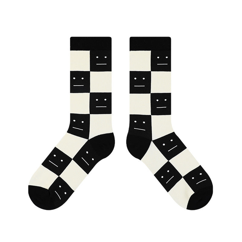 Black And White Plaid Simple And Stylish Casual Middle Tube Cotton Socks