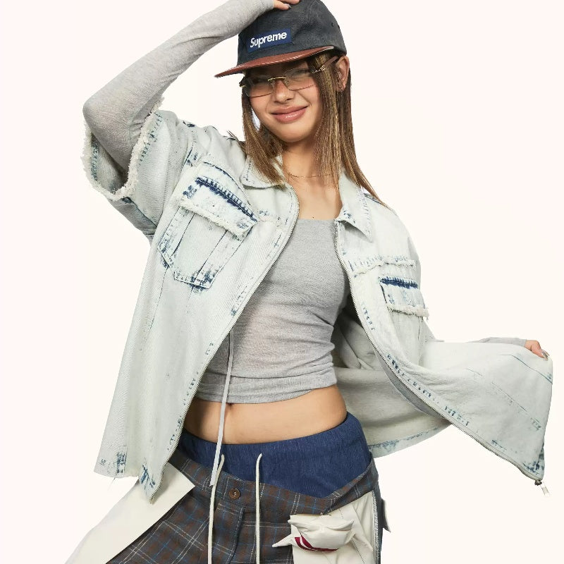 Women's Retro Washed Denim Frayed Short-sleeved Shirt
