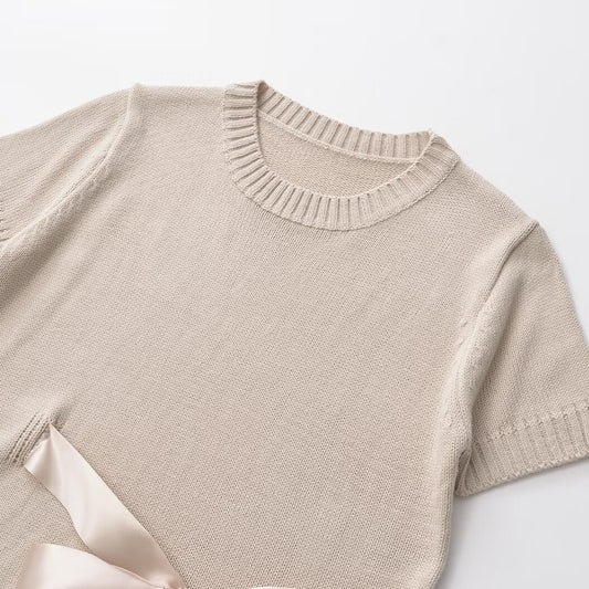 Women's Fashion Round Neck Bowknot Short Sleeve Thin Sweater