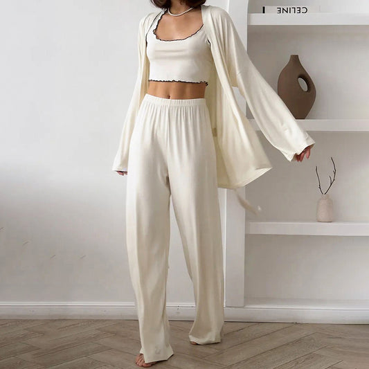 New European And American-style Knitted Milk-silk Ruffled-edge Pajama Set 3 Pieces