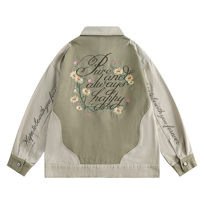 Embroidery Contrast Color Splicing Polo Collar Jacket