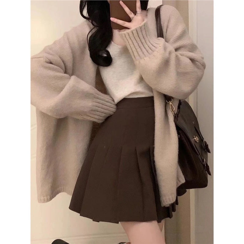 New Korean-style Versatile Strap Loose Cardigan Figure-flattering Pleated Skirt Three-piece Set