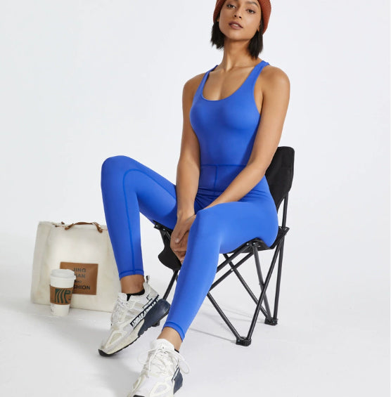 Womens Crew-neck Camisole Bodysuit With Tight-fitting Pants High-stretch Figure-hugging Yoga Wear