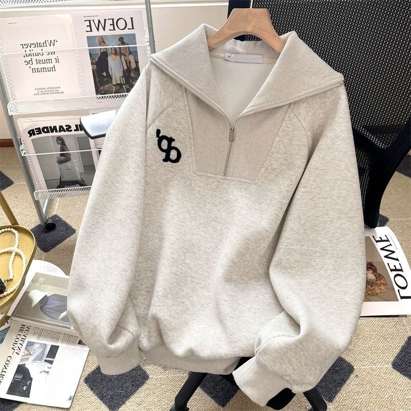 Løs Amerikansk Vintage Grå Revers-Sweatshirt Til Små Kvinder