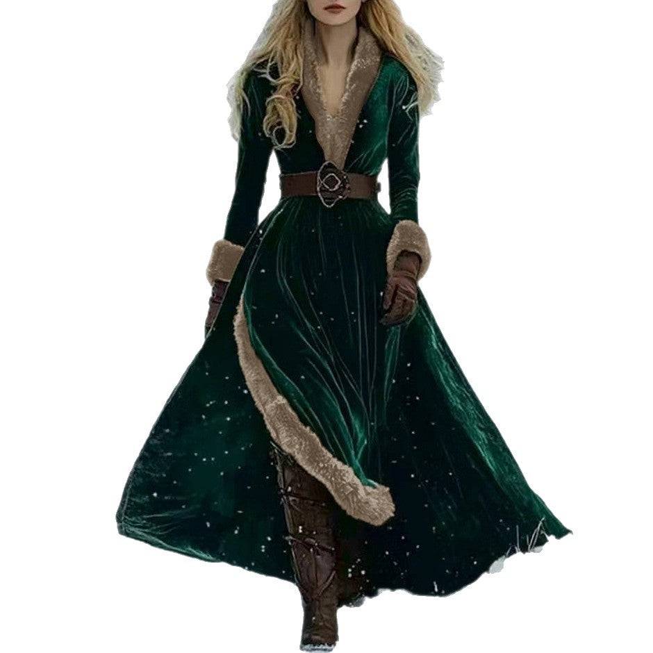 V-neck Split Autumnwinter Relaxed-waist Coat Dress