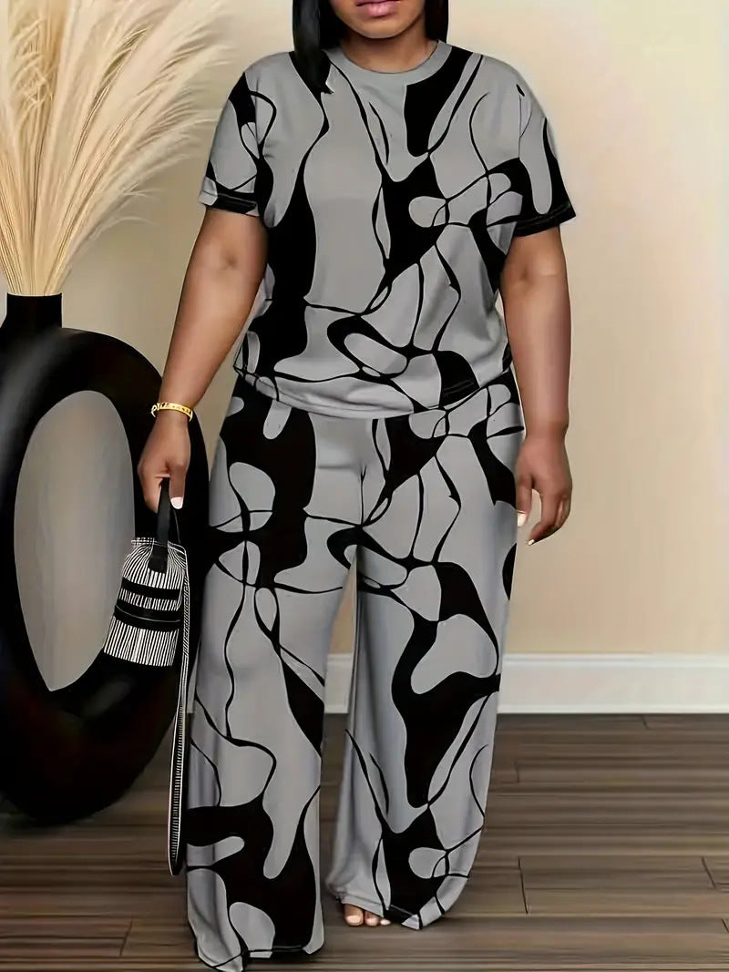 Plus-size Womens Black And Gray Printed Outfit Set