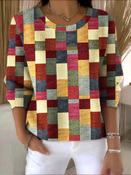 Womens Fashion 3D Digital-Print Crew-Neck Long-Sleeve Top