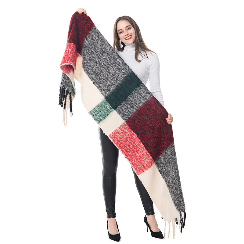 Check print fringed cashmere scarf
