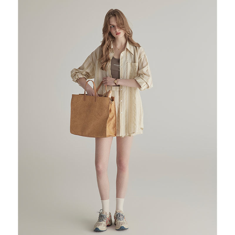 Summer High-grade Sun-proof Set Women's Loose Design Light Striped Shirt Top Temperament Waist-controlled Short Skirt